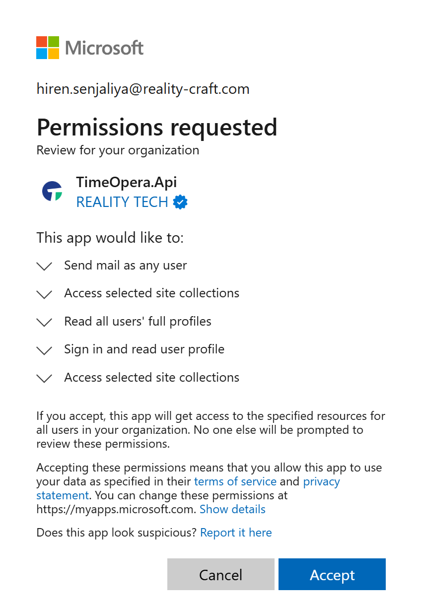 Application Permission Approval Screenshot